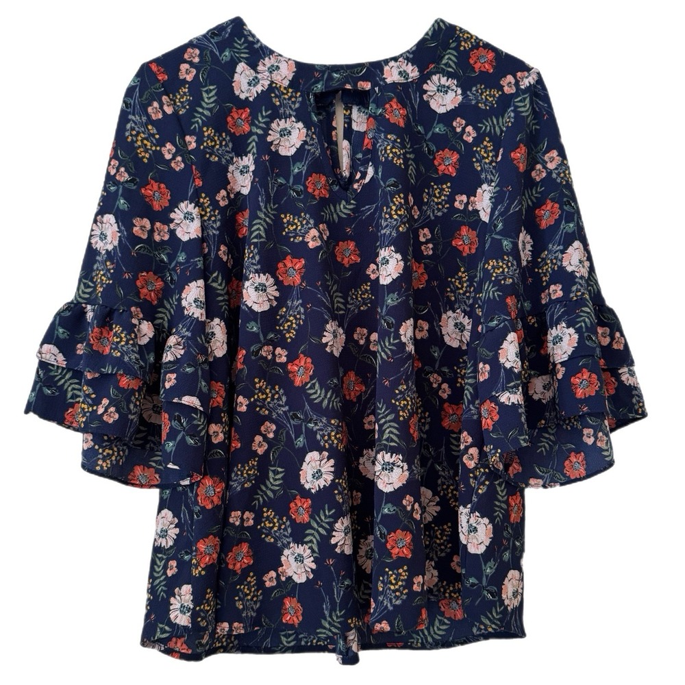 Urban Romantics Blouse Ruffle Bell Sleeve Navy Pink Floral Shirt Women's Large